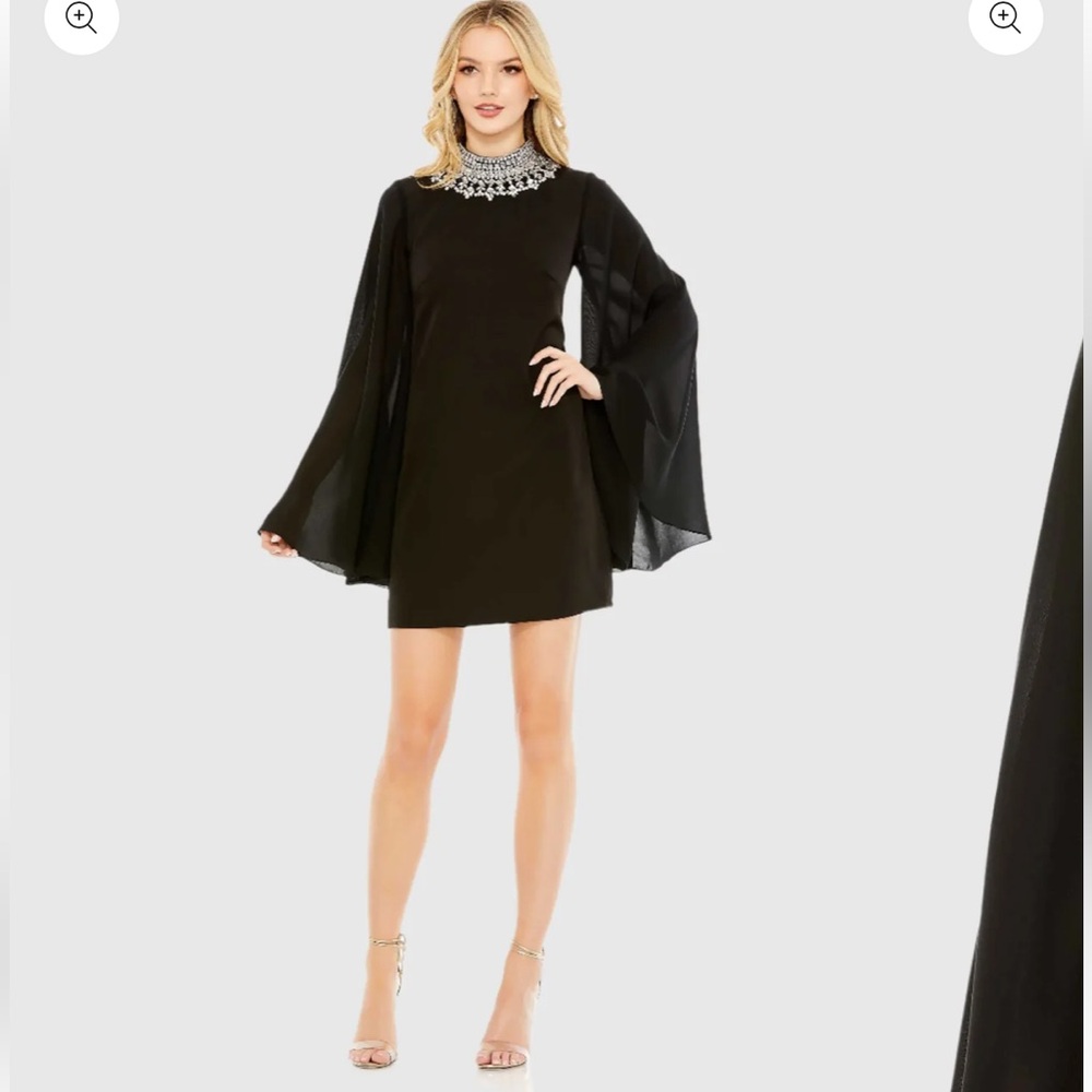 New Mac Duggal black rhinestone collar float sleeve mini